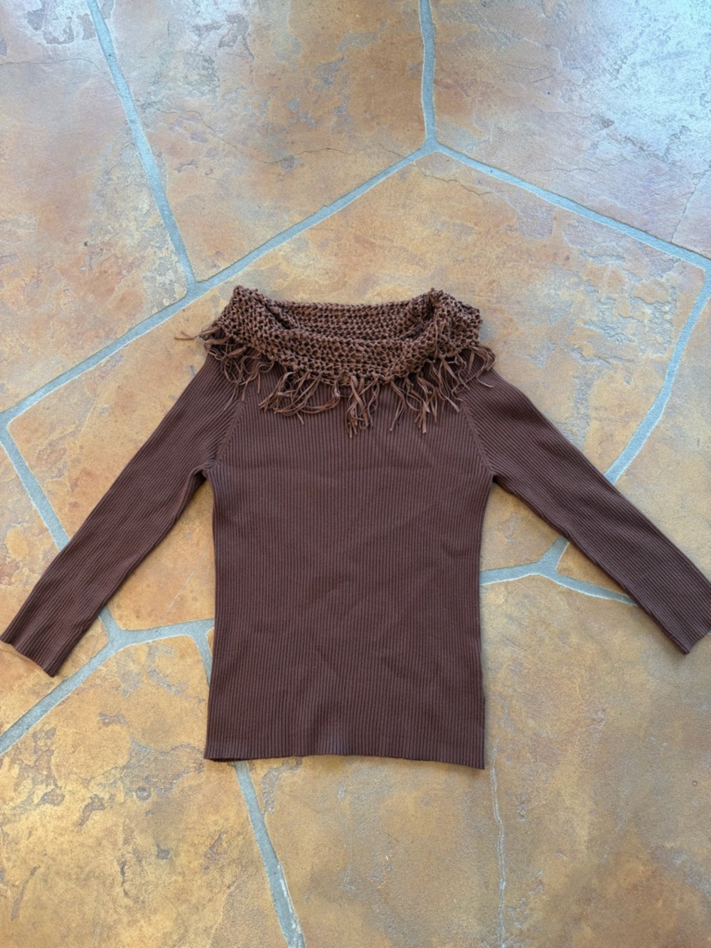 Vintage Rose Haggar Brown Pullover Sweater Fringe Boat Neck 3/4 Sleeve Size L